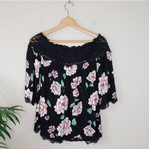 Staccato Pink Black Ivory Floral & Lace Blouse Size Small